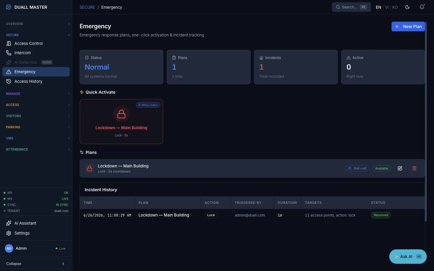 Duall Master product interface for Emergency response & lockdown