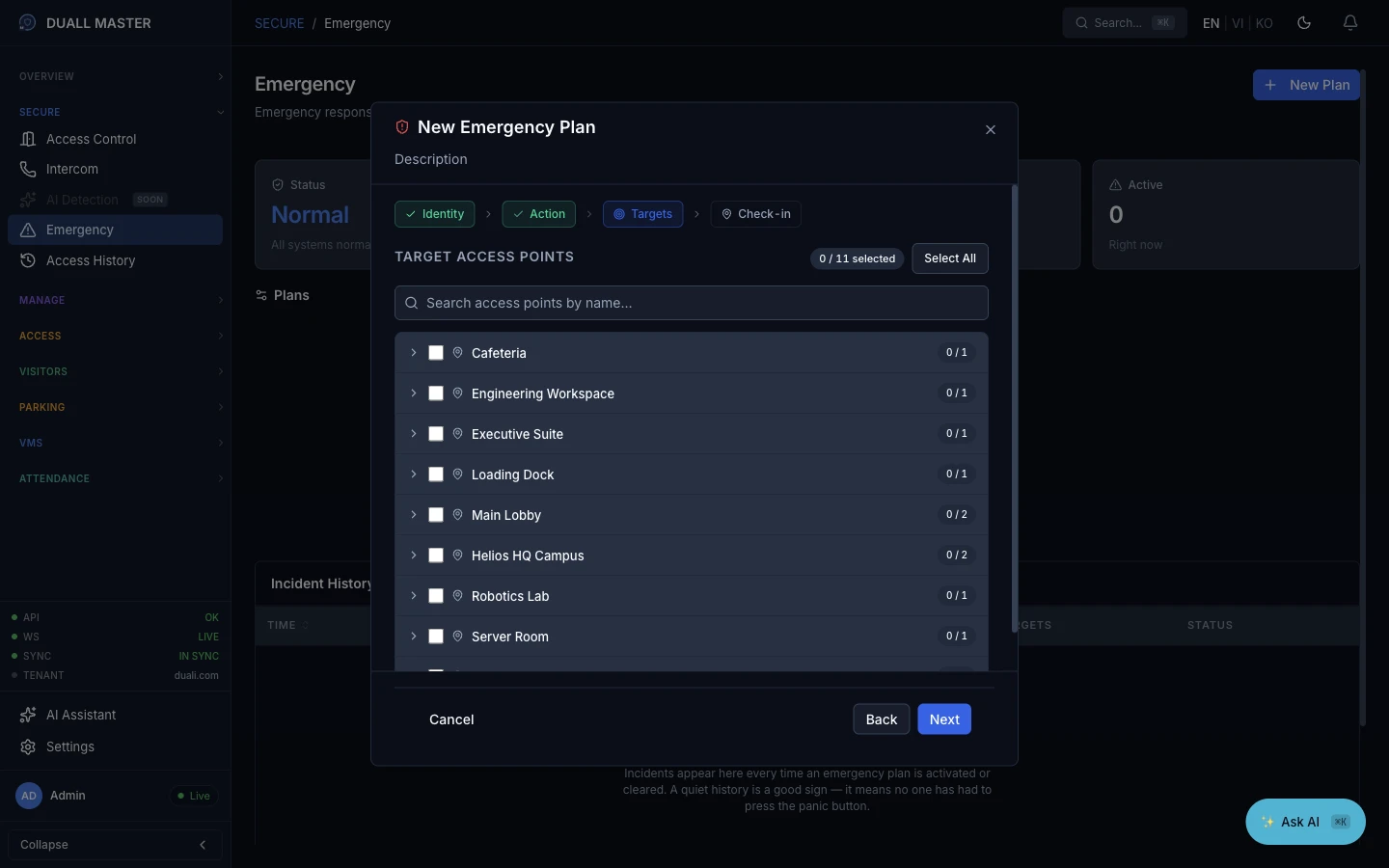 Building a lockdown plan — 11 access points selected as targets, with a Lock action and roll-call on activation.